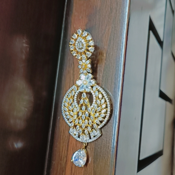 American Diamond Gold Toned studded Drop Earrings - Picture 3 of 4